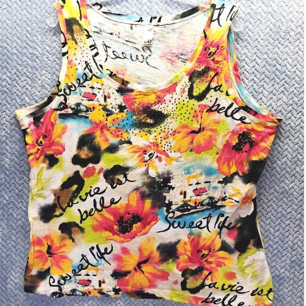 Thomas & Olivia Floral Rhinestone Tank Top 1X Sweet Life La Vie Est Belle Cotton